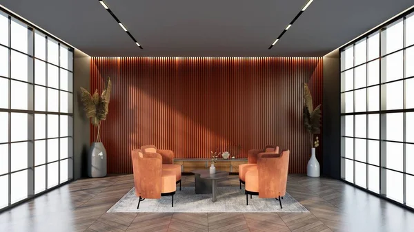 Salon Hôtel Couleur Abricot Avec Fenêtres Chaises Correspondant Couleur Salle — Photo
