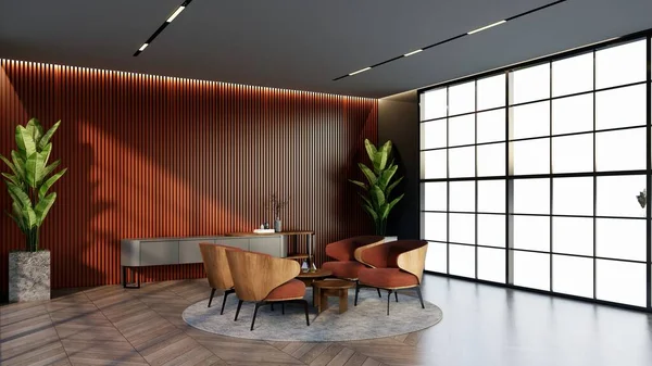 -Bekleme odasının rengine uyan pencere ve sandalyeli kayısı rengi otel salonu, 3D görüntüleme.