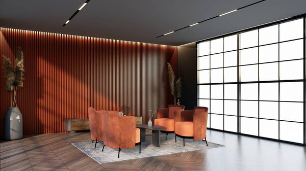 -apricot color hotel lounge with windows and chairs matching the color for waiting room, 3D render.