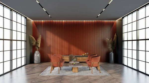-Bekleme odasının rengine uyan pencere ve sandalyeli kayısı rengi otel salonu, 3D görüntüleme.