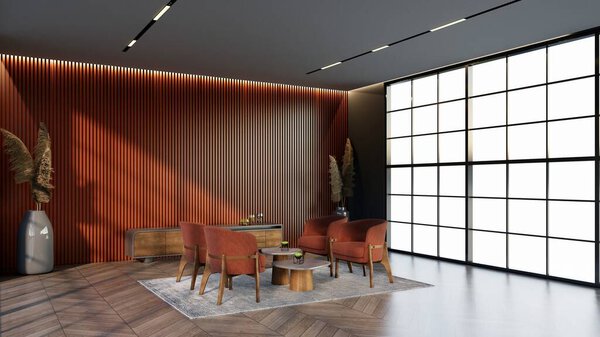 -apricot color hotel lounge with windows and chairs matching the color for waiting room, 3D render.