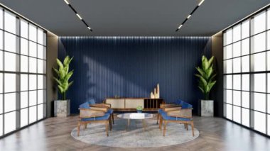 -animasyon: Okyanus mavisi otel salonu. Bekleme odasının rengine uyan pencere ve sandalyeler..