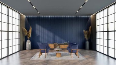 -animasyon: Okyanus mavisi otel salonu. Bekleme odasının rengine uyan pencere ve sandalyeler..