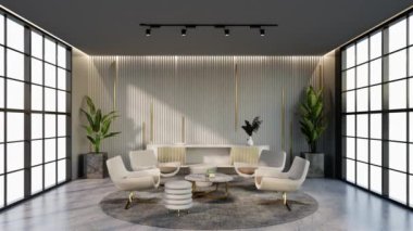 -Bekleme odasının rengine uyan pencere ve sandalyeli animasyon beyaz ve altın rengi otel salonu, 3D görüntüleme.