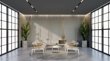 -Bekleme odasının rengine uyan pencere ve sandalyeli animasyon beyaz ve altın rengi otel salonu, 3D görüntüleme.