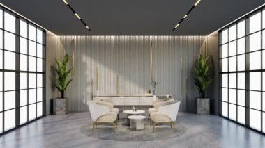 -Bekleme odasının rengine uyan pencere ve sandalyeli animasyon beyaz ve altın rengi otel salonu, 3D görüntüleme.