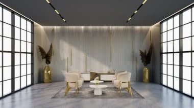 -Bekleme odasının rengine uyan pencere ve sandalyeli animasyon beyaz ve altın rengi otel salonu, 3D görüntüleme.