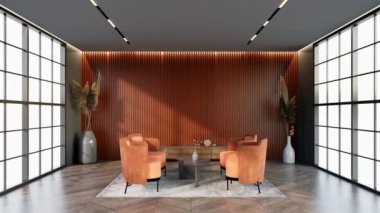 - Animasyon kayısı renginde bir otel salonu pencere ve sandalyelerle dolu, bekleme odasının rengine uyuyor. 3 Boyutlu Hazırlama