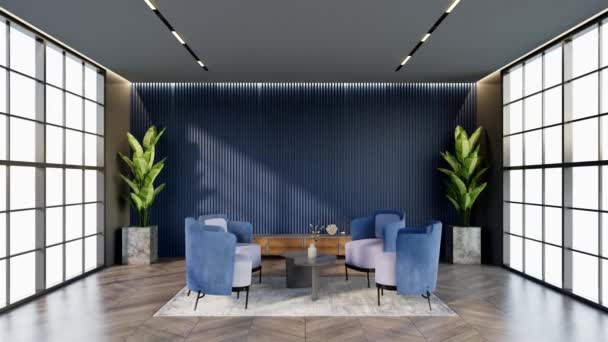 Animacja Ocean Blue Color Hotel Lounge Oknami Krzesłami Pasującymi Koloru — Wideo stockowe