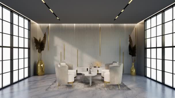 待合室のための色に一致する窓および椅子が付いているアニメーションされた白および金色のホテルのラウンジ 3Dレンダリング — ストック動画