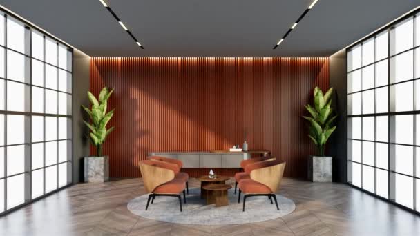 生动活泼的杏色酒店休息室 有窗户和椅子 与候车室的颜色相匹配 3D渲染 — 图库视频影像
