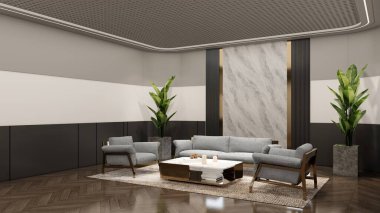 Marka modellemesi için boş fırınları olan bekleme odası. 3B illüstrasyon oluşturucu