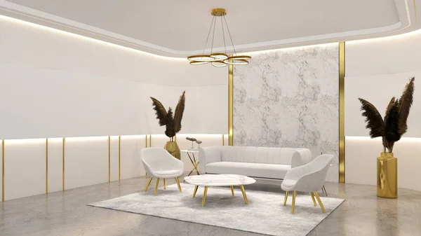 Marka modellemesi için boş fırınları olan bekleme odası. 3B illüstrasyon oluşturucu