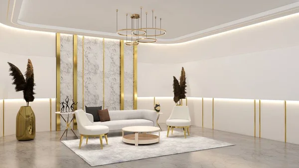 Marka modellemesi için boş fırınları olan bekleme odası. 3B illüstrasyon oluşturucu