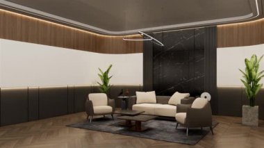 Animasyon Ofisi bekleme odası, markalaşma modelleri için boş fırın. 3B illüstrasyon oluşturma