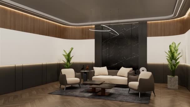 アニメーションオフィスの待合室は モックアップをブランディングするための空のベークドロップ 3Dイラストレンダリング — ストック動画