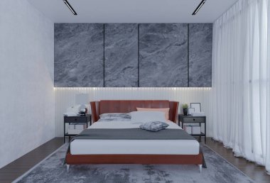 Kayısı renginde modern lüks yatak odası. 3B Resim Hazırlama