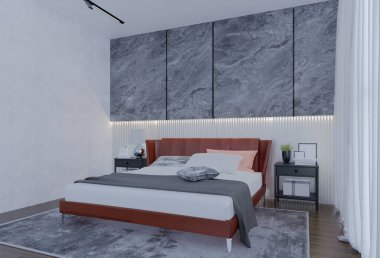 Kayısı renginde modern lüks yatak odası. 3B Resim Hazırlama