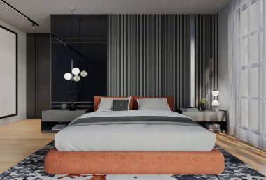 Kayısı renginde modern lüks yatak odası. 3B Resim Hazırlama