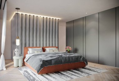 Kayısı renginde modern lüks yatak odası. 3B Resim Hazırlama