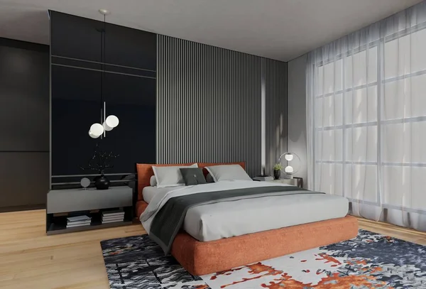 Kayısı Renginde Modern Lüks Yatak Odası Resim Hazırlama — Stok fotoğraf