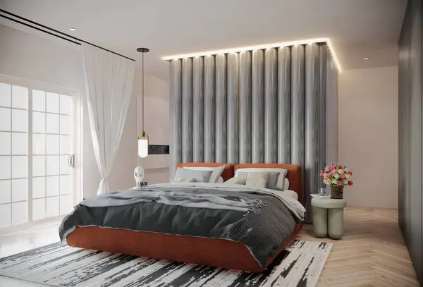 Modernes Luxus Schlafzimmer Mit Aprikosenfarbe Illustration Render — Stockfoto