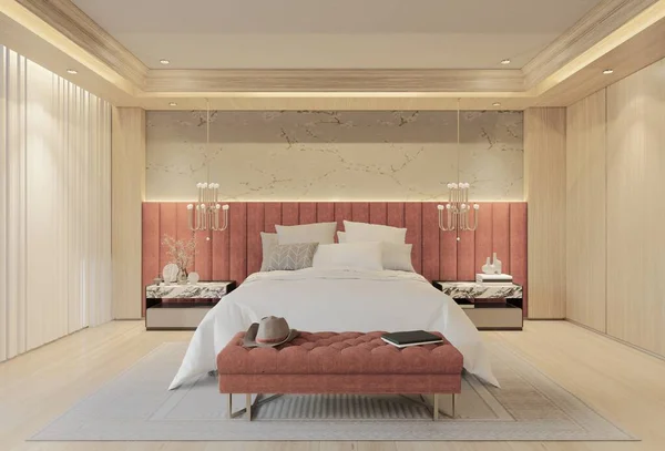 Kayısı renginde modern lüks yatak odası. 3B Resim Hazırlama