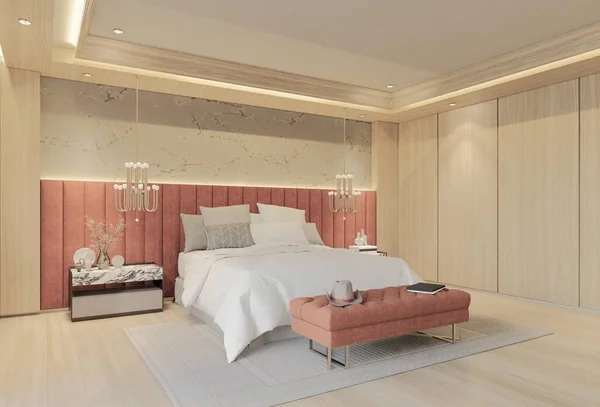 Kayısı renginde modern lüks yatak odası. 3B Resim Hazırlama