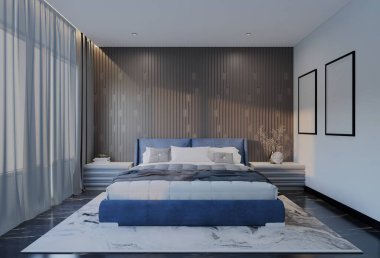 Okyanus mavisi renkli modern lüks yatak odası. 3B Resim Hazırlama