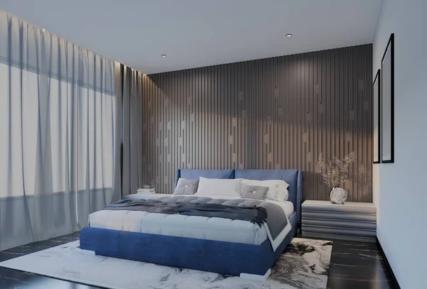 Modernes Luxus Schlafzimmer Mit Ocean Blue Farbe Illustration Render — Stockfoto
