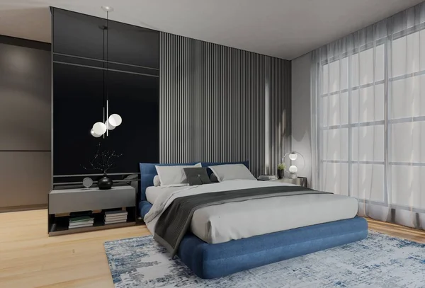 Modern Luxury Bedroom Animation Com Ocean Blue Color Renderização Ilustração — Fotografia de Stock