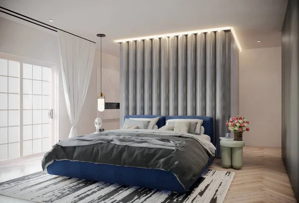 Moderne Luxe Slaapkamer Animatie Met Ocean Blue Color Illustratie Render — Stockfoto