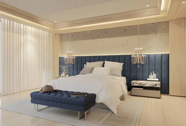 Dormitorio Lujo Moderno Con Color Azul Océano Ilustración Render —  Fotos de Stock