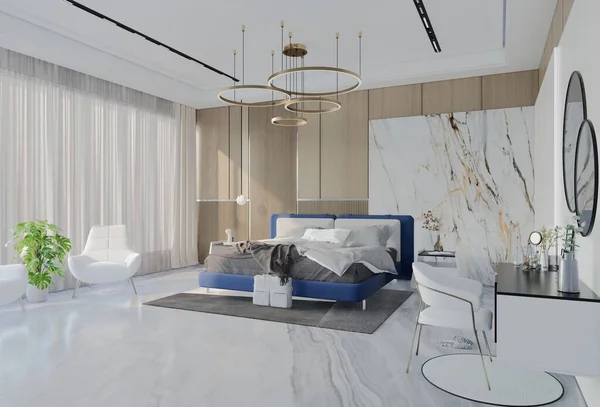 Modern Luxury Bedroom Ocean Blue Color Illustration Render — Stock Photo, Image