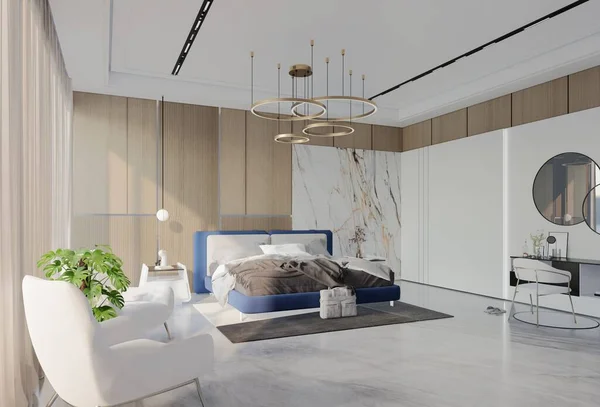 Dormitorio Lujo Moderno Con Color Azul Océano Ilustración Render —  Fotos de Stock