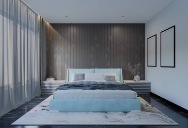 Pudra mavisi renkli modern lüks yatak odası. 3B Resim Hazırlama