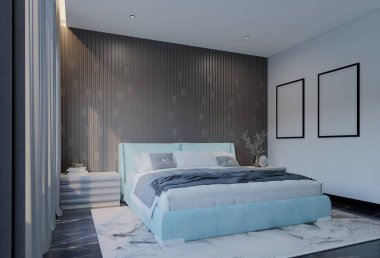 Pudra mavisi renkli modern lüks yatak odası. 3B Resim Hazırlama