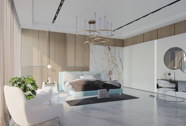Pudra mavisi renkli modern lüks yatak odası. 3B Resim Hazırlama