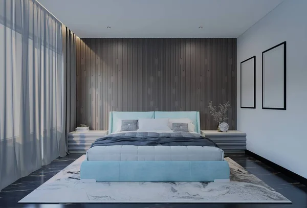 Modern Luxury Bedroom Powder Blue Color Illustration Render — Stock Photo, Image