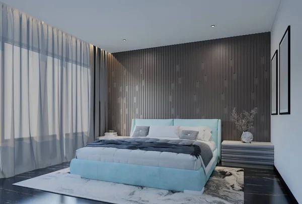 现代豪华卧房与粉蓝色 3D说明性渲染 — 图库照片
