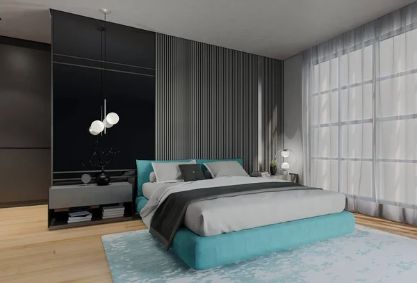 现代豪华卧房与粉蓝色 3D说明性渲染 — 图库照片