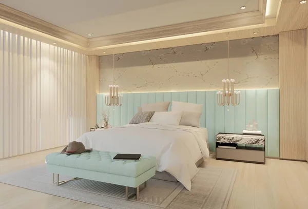 Dormitorio Lujo Moderno Con Color Azul Polvo Ilustración Render —  Fotos de Stock
