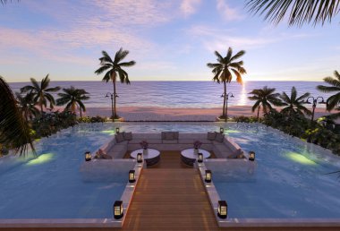 Tahta kiremitler, havuz ve şezlonglar. Ağaçlı park ve deniz manzaralı yeşil çimenler. 3B görüntüleme