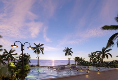 Tahta kiremitler, havuz ve şezlonglar. Ağaçlı park ve deniz manzaralı yeşil çimenler. 3B görüntüleme