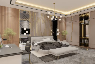 Modern Lüks Yatak Odası Tasarımı. 3B Resim Hazırlama
