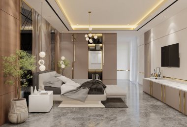 Modern Lüks Yatak Odası Tasarımı. 3B Resim Hazırlama
