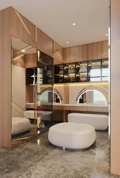 Modern Luxury walk-in closet design. 3D Illustration Render