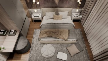 Modern Lüks Küçük Yatak Odası 3D görüntüleme
