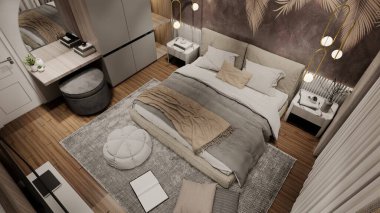 Modern Lüks Küçük Yatak Odası 3D görüntüleme