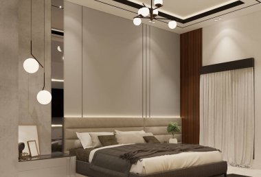 Modern yatak odası iç tasarımı. 3B resimleme
